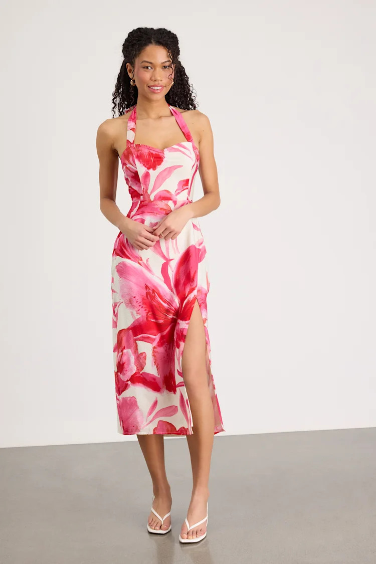 Leilanna Hot Pink Multi Floral Print Halter Midi Dress | Hot Pink Dress | Lulus