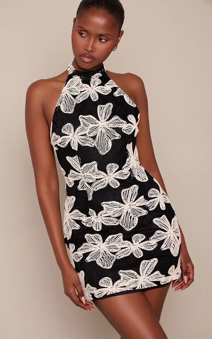 Black Textured Woven Floral Bodycon Mini Dress | PrettyLittleThing UK