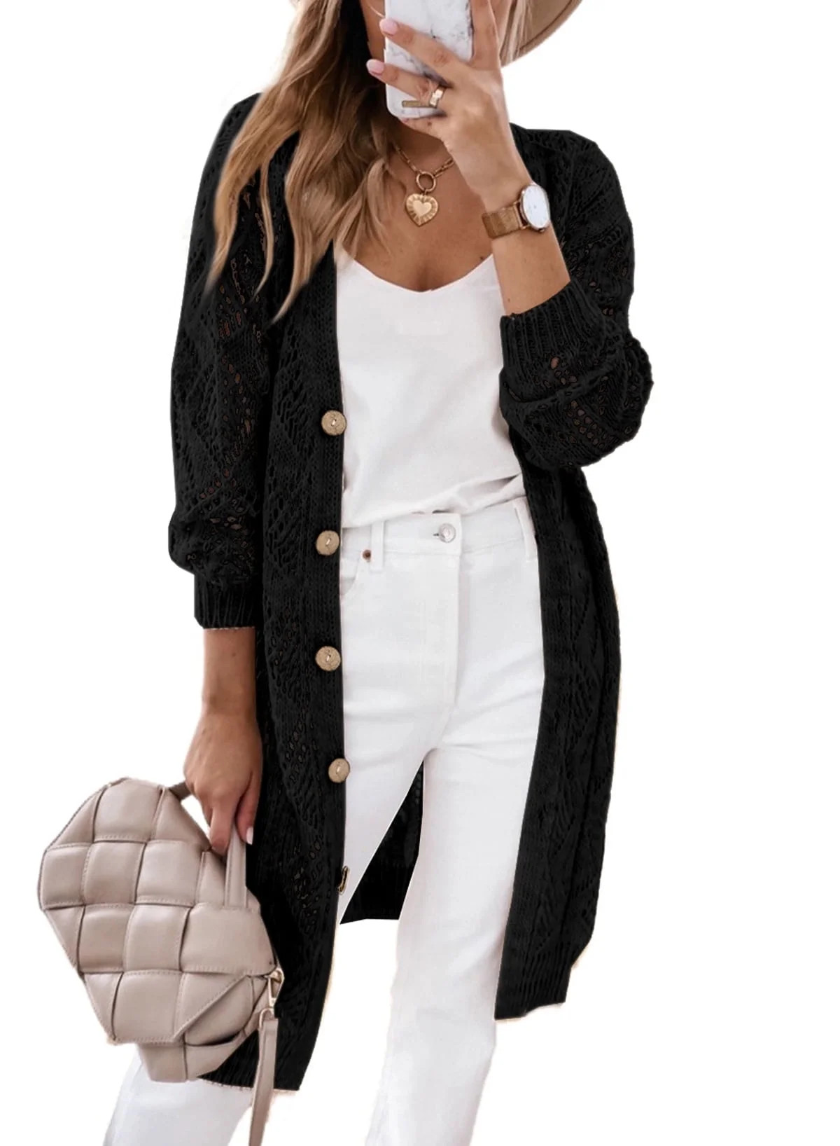 Dokotoo Women's Crochet Sweater Cardigans Button Down Open Front Long Cardigan Side Slit Ribbed K... | Walmart (US)