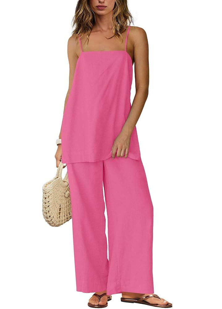 Yanekop Linen Sets for Women 2 Piece Pants Summer Outfits Matching Lounge Sets Spaghetti Strap Ta... | Amazon (US)