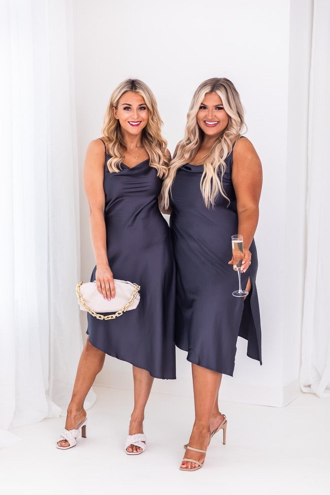 Look Back On Tonight Charcoal Cowl Neck Satin Midi Dress- Pink Lily Boutique | The Pink Lily Boutique