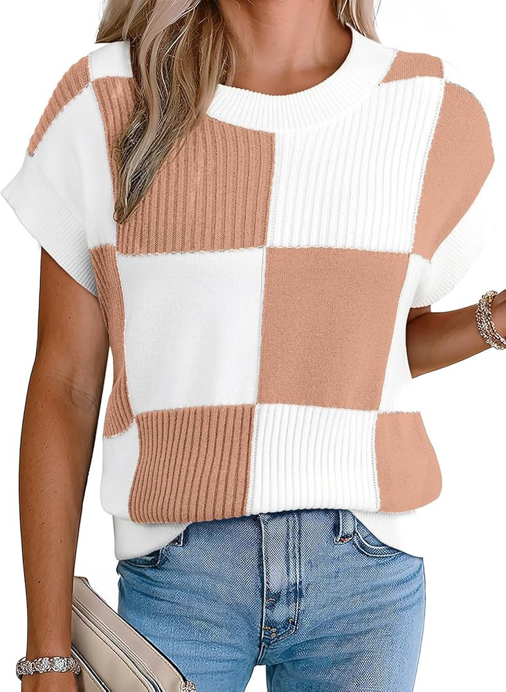 EVALESS Short Sleeve Sweater for Women Crewneck Color Block Knit Tops 2026 Spring Trendy Cap Slee... | Amazon (US)