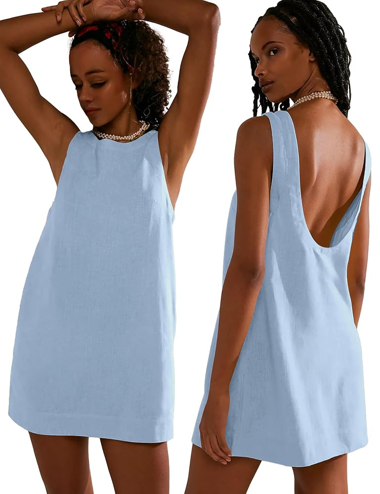VIUTIL Womens Summer Linen Mini Dress Boat Neck Low Back Sleeveless Tank Dresses with Pockets 202... | Amazon (US)