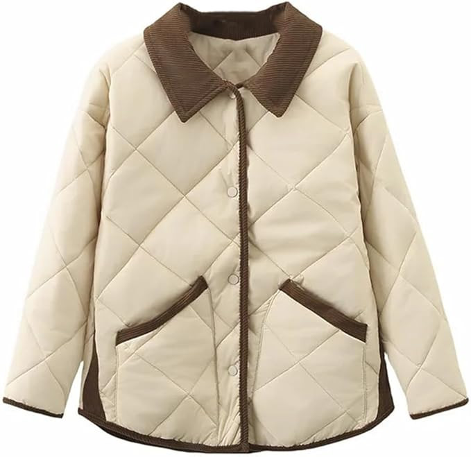 Womens Winter Parkas Block Color Lapel Argyle Padded Jacket Hems Drop Shoulder Coats | Amazon (US)