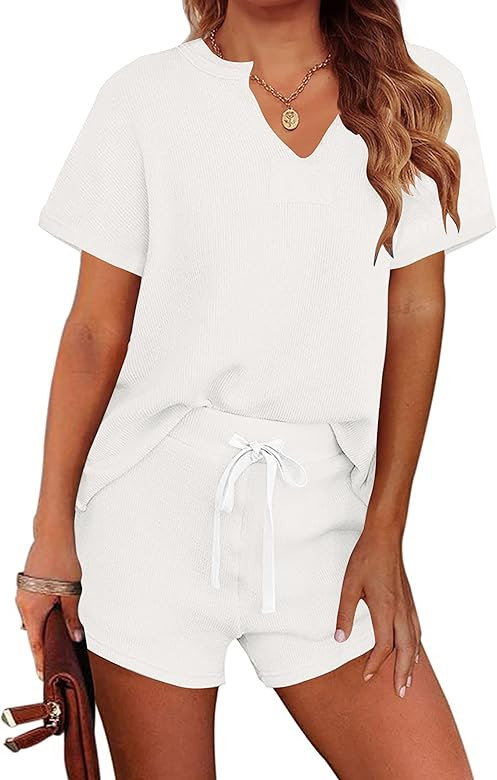 MEROKEETY Women's Short Sleeve Pajama Set Henley Tops and Shorts Sleepwear Loungewear with Pocket... | Amazon (US)