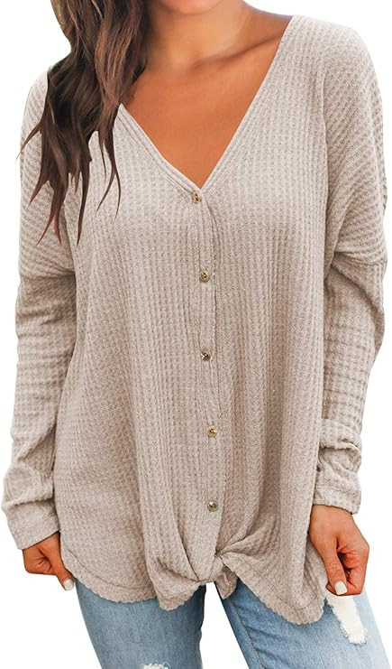 MIHOLL Womens Loose Blouse Short Sleeve V Neck Button Down T Shirts Tie Front Knot Casual Tops | Amazon (US)