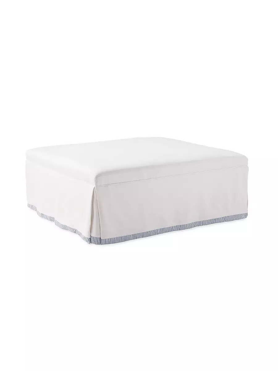 Harrison Skirted Ottoman in White Belgian Linen with Perennials French Blue Pinstripe Border | Serena and Lily