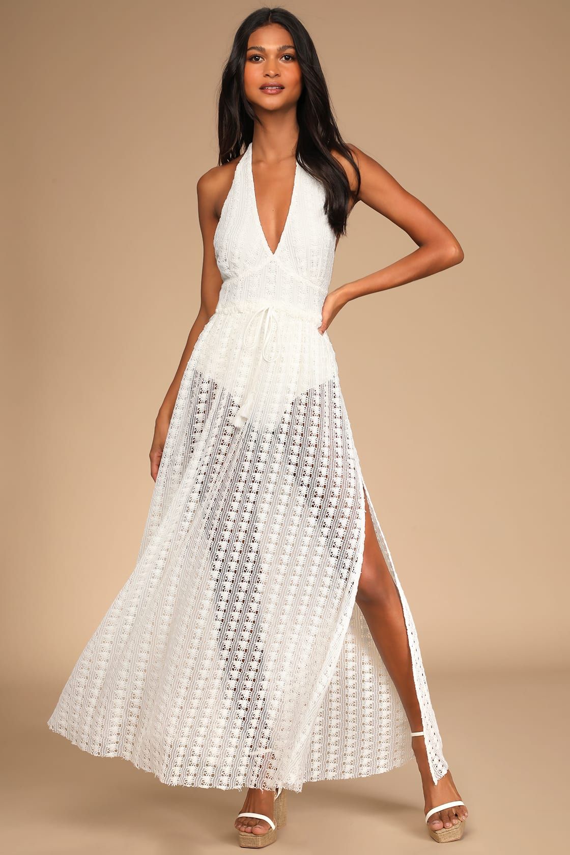 Destination Summer Ivory Crochet Halter Maxi Bodysuit Dress | Lulus (US)