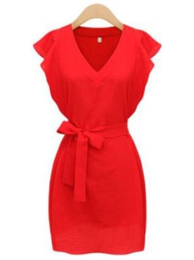 Red V Neck Ruffle Sleeve Self-Tie Dress | ROMWE