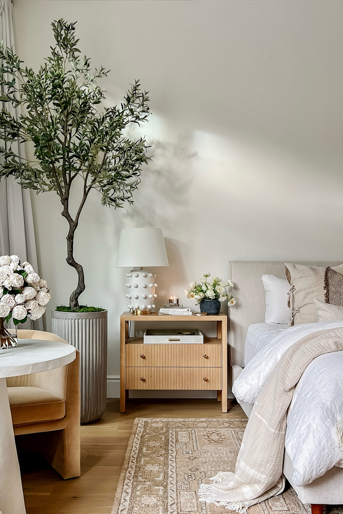 Nightstand 

Tree, lamp, planter 

#LTKfamily #LTKhome #LTKstyletip