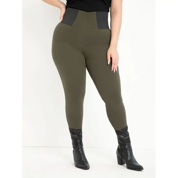 ELOQUII Elements Women's Plus Size Ponte Leggings with Faux Leather Detail | Walmart (US)