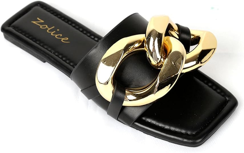 Women's Summer Slippers Open Toe Flat Sandals big Metal Chain PU leather Slides Shoes | Amazon (US)
