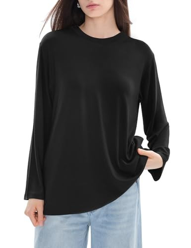 PUMIEY Black Long Sleeve Shirt for Woman Crew Neck Loose Fit Oversized Tshirts Basic Tee, Jet Black Large | Amazon (US)
