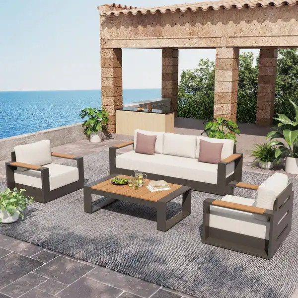 Outdoor 4 Piece Aluminum Sofa Set with Cushions - Bed Bath & Beyond - 42667747 | Bed Bath & Beyond