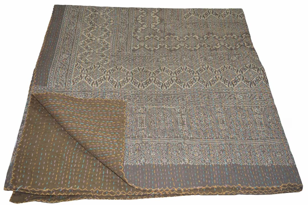Vintage Indian Kantha Quilt Handmade Ajrakh hand block print 100% Cotton Bed cover Bedspread Blan... | Etsy (US)