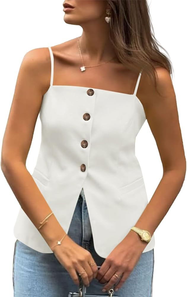 Cicy Bell Womens Summer Spaghetti Strap Vest Tops Dressy Casual Button Down Waistcoat Fitted Spli... | Amazon (US)