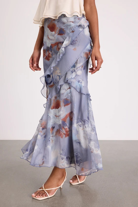 Breelyn Dusty Lavender Floral Ruffled Midi Skirt | Lulus