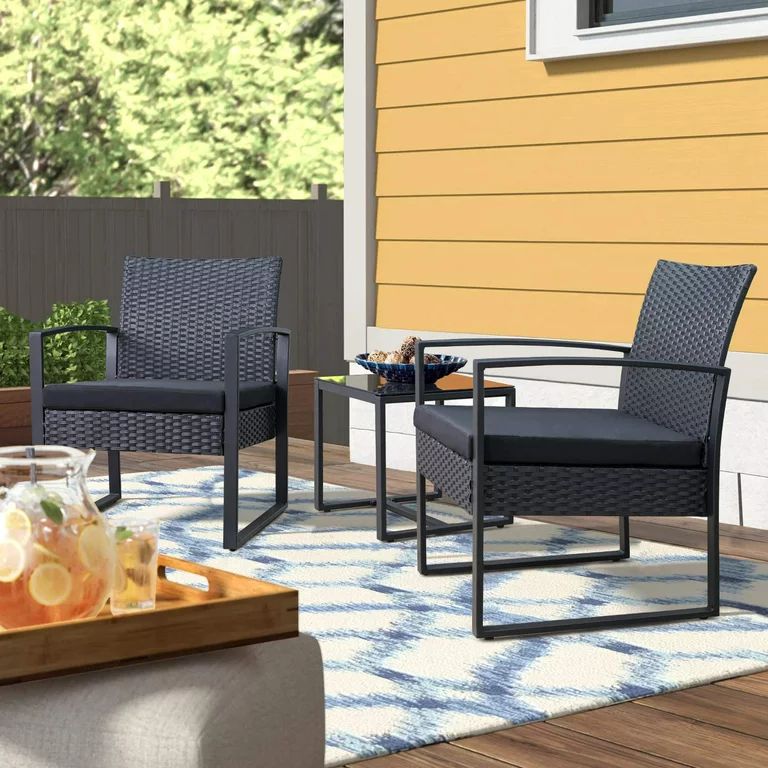 Lacoo 3 Pieces Patio Indoor Conversation Set Cushioned PE Rattan Bistro Chairs Set of 2 with Coff... | Walmart (US)