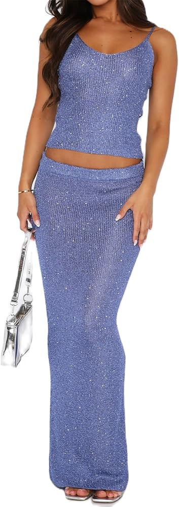 Women Two Piece Skirt Outfits Sleeveless Spaghetti Strap Scoop Neck Cami Tops Bodycon Sexy Maxi S... | Amazon (US)