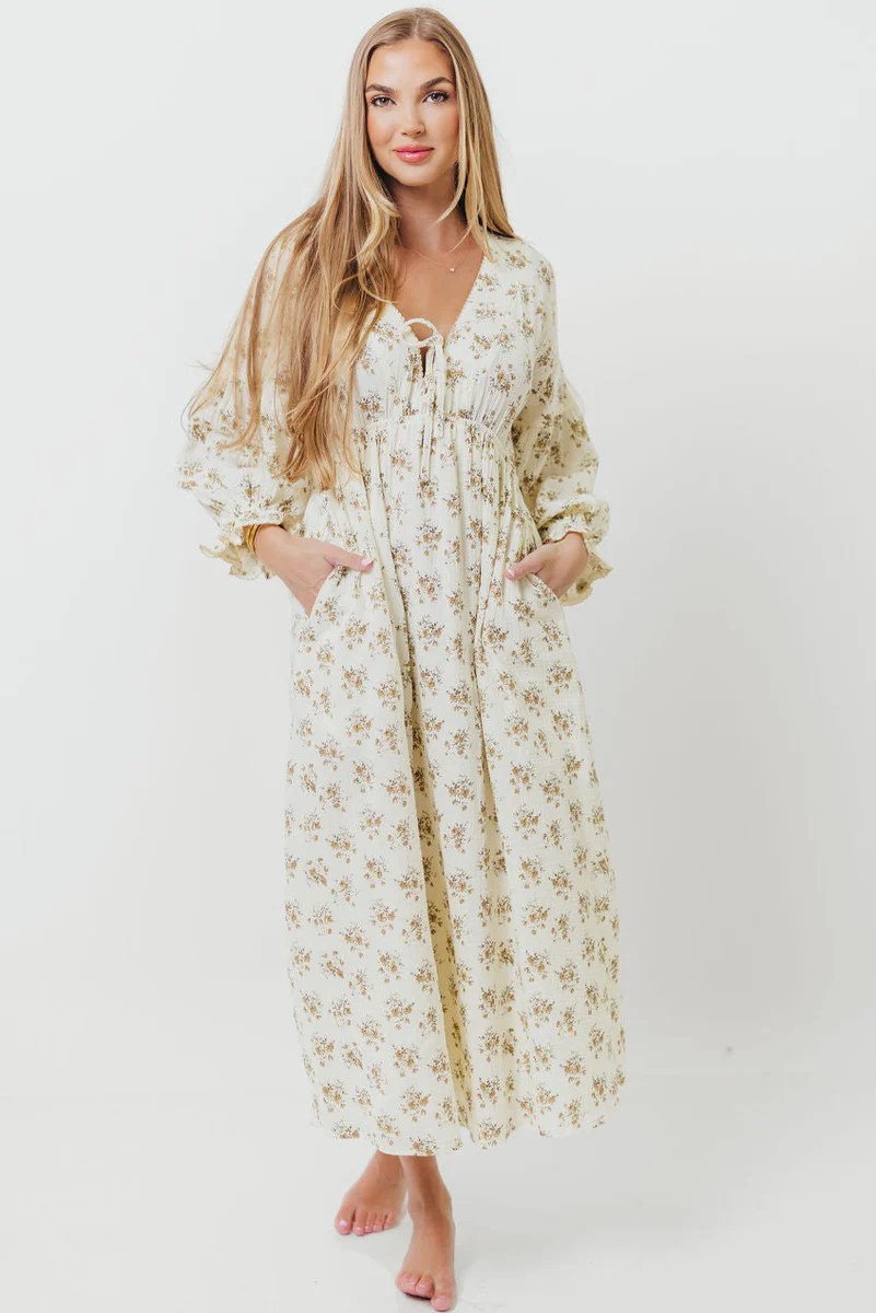 Hunter 100% Cotton Gauze Maxi Dress with Detail Trimming in Cream Taup | Worth Collective