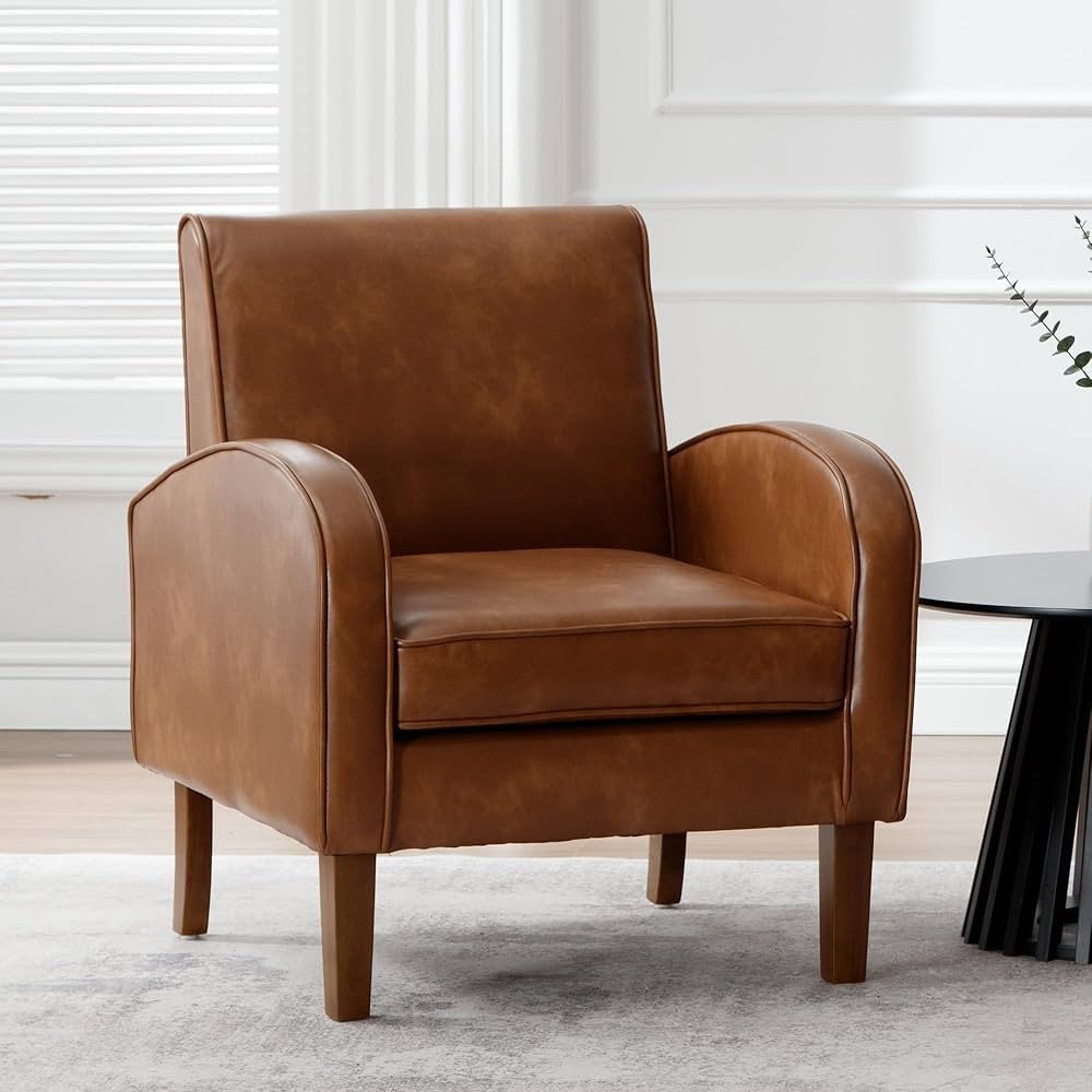Mid Century Modern Armchair Brown Faux Leather Accent Chair with Arm Comfy Chairs Reading Chair S... | Amazon (US)