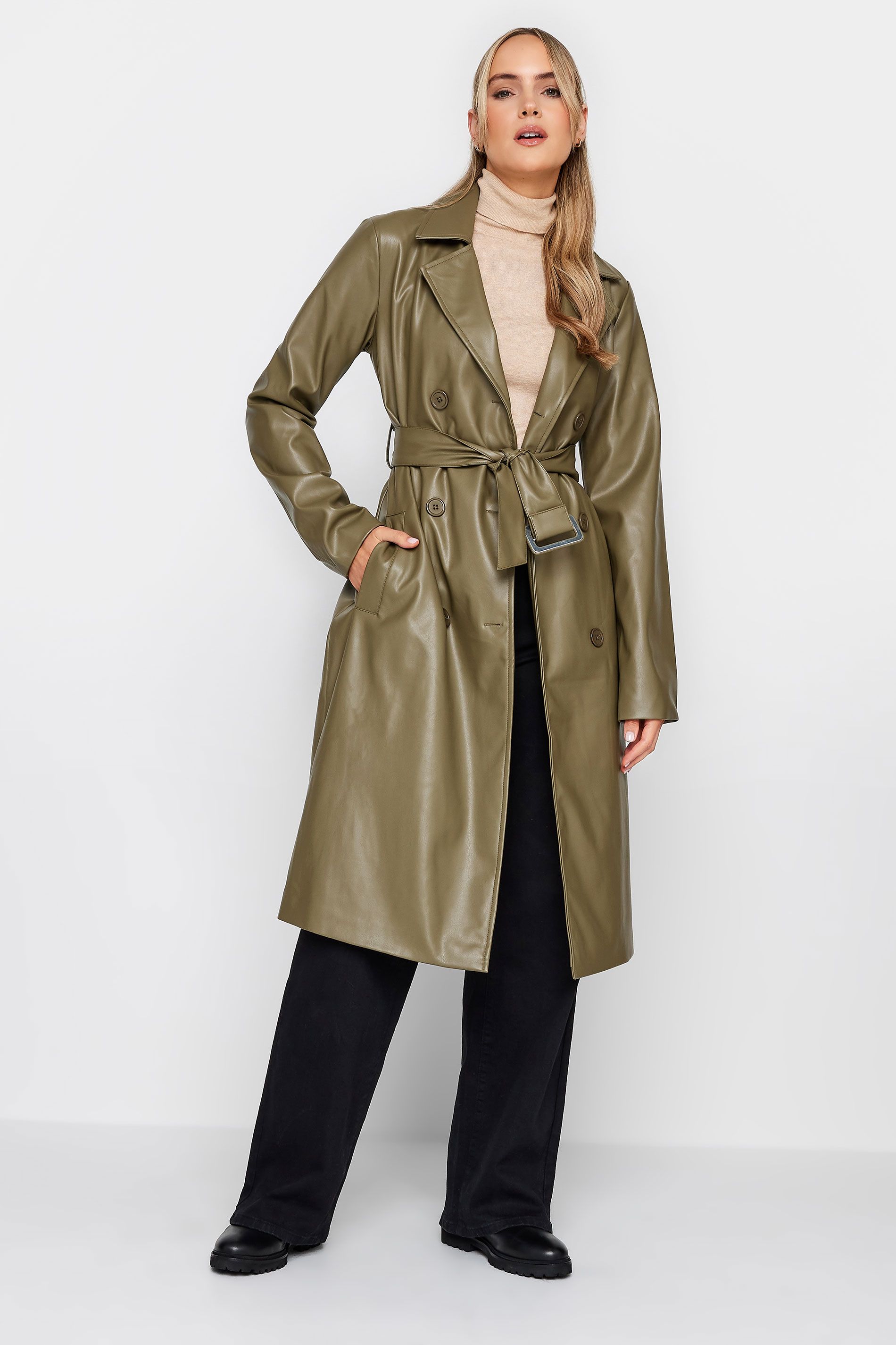 LTS Tall Olive Green Faux Leather Trench Coat | Long Tall Sally