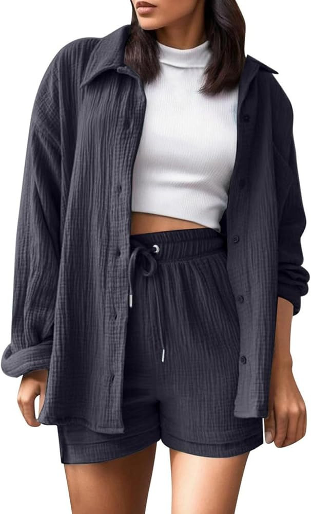 2 Piece Sets for Women Summer Loose Fit Long Sleeve Blouse Shirts with Shorts Plus Size Thin Tren... | Amazon (US)