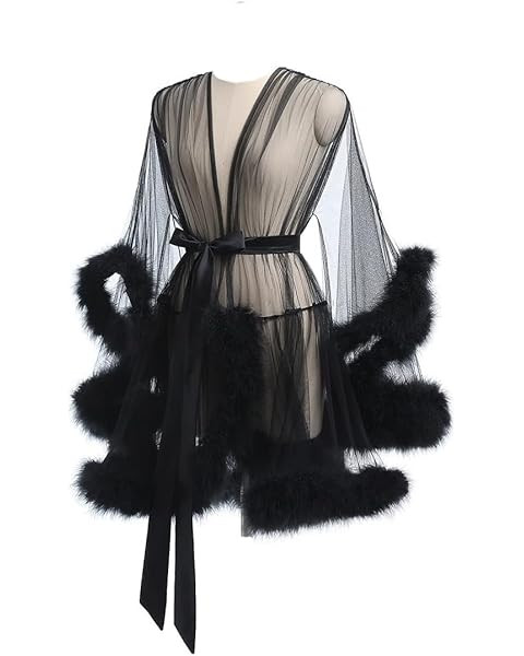 ohyeah Women's Feather Bridal Robe Old Hollywood Maternity Photoshoot Nightgown Sheer Fur Illusio... | Amazon (US)