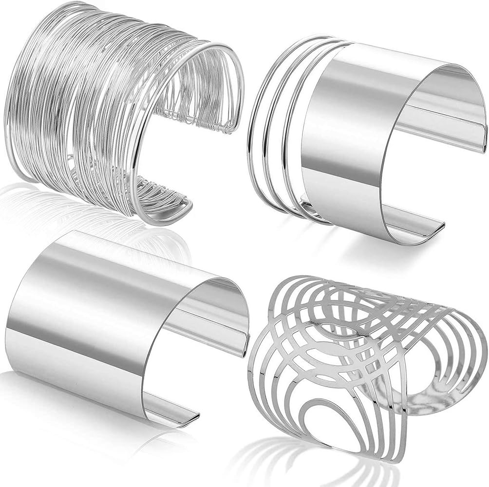 RIOSO 4 Pcs Cuff Bangle Bracelet for Women Open Wide Wire Bracelets Gold Wrist Cuff Wrap Bracelet | Amazon (US)