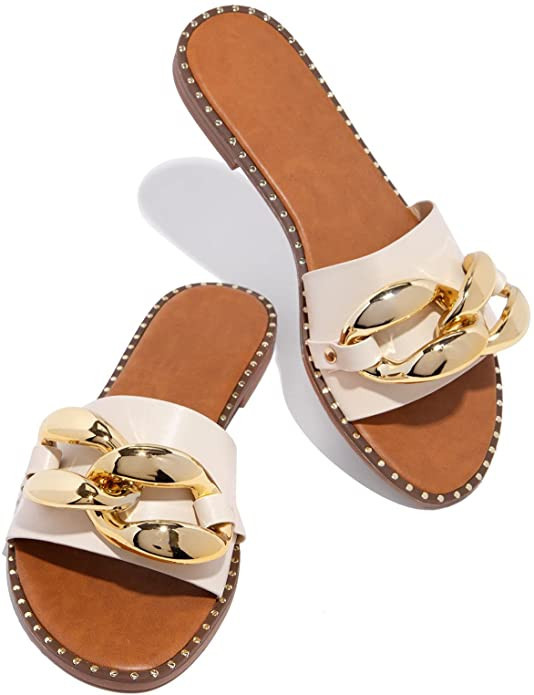 Powerpurlife Women's Flat Heels Open Toe Backless Slippers Metallic Chains Slip On Summer Indoor ... | Amazon (US)