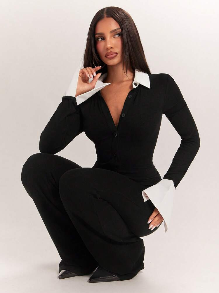 Radiana Women's Elegant Mature Commute Dinner Office Night Out Colorblock Patchwork Jumpsuit Black And White Fall | SHEIN