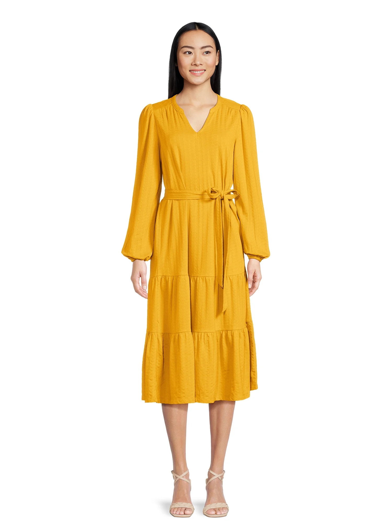 Time and Tru Women's Long Sleeve Textured Midi Dress | Walmart (US)