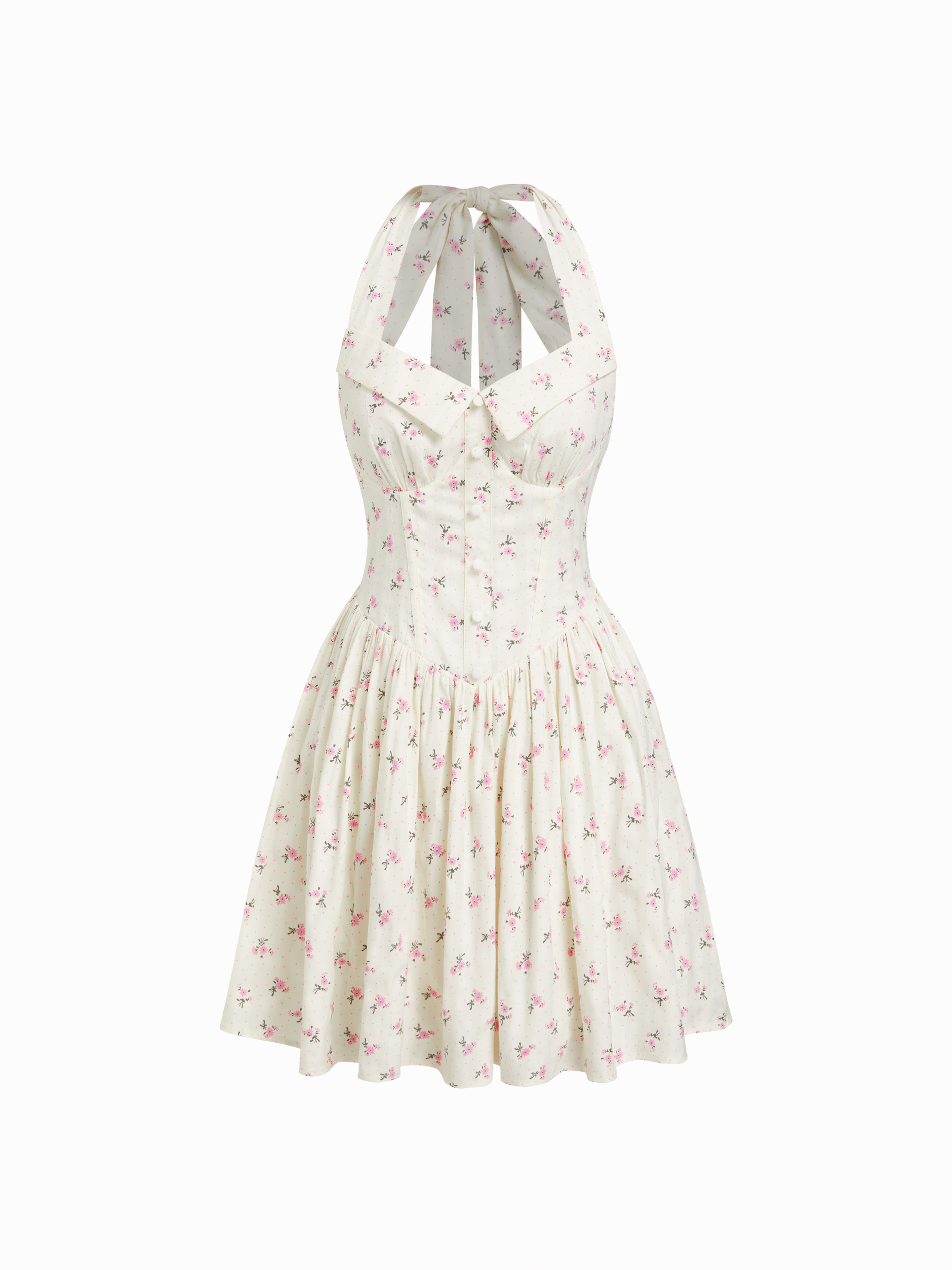 Ditsy Floral Halter Neckline Ruffled A-line Mini Dress | Cider