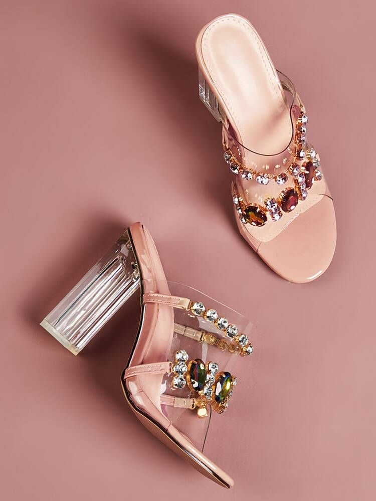 Clear Rhinestone Decor Chunky Heeled Mules | SHEIN