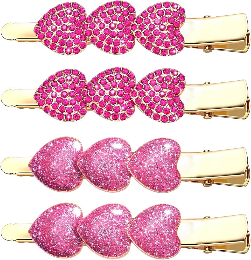 4PCS Valentine's Day Heart Hair Clips for Women Rhinestone Heart Hairpins Glitter Barrettes Ename... | Amazon (US)