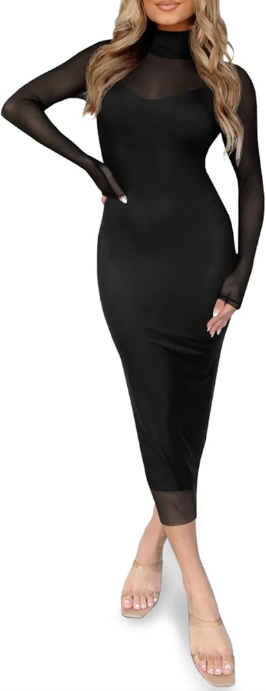 BZB Party Dress for Women Sheer Dresses See Through Sexy Club Mock Neck Mesh Bodycon Midi Birthda... | Amazon (US)