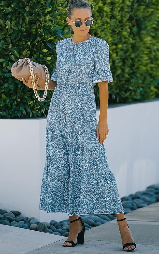 Angashion Women's Dress Summer High Waist Short Sleeves Boho Floral Ruffle Tiered Maxi Dresses | Amazon (US)