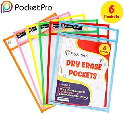 Pocket Pro 6 Dry Erase Pockets | Clear Plastic Reusable Sleeves | Multi-Colored Sheets | 10 x 14 ... | Amazon (US)