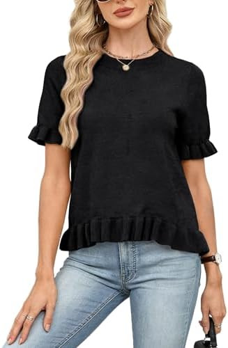 Dqbeng Womens Short Sleeve Sweater Ruffled Hem Knit Pullover Crewneck Lightweight Spring Summer C... | Amazon (US)