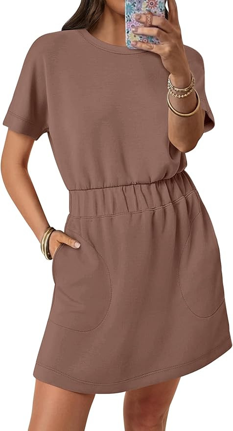 ANRABESS Womens Dresses 2025 Summer Casual Short Sleeve Crew Neck Elastic Waist Mini T Shirt Dres... | Amazon (US)