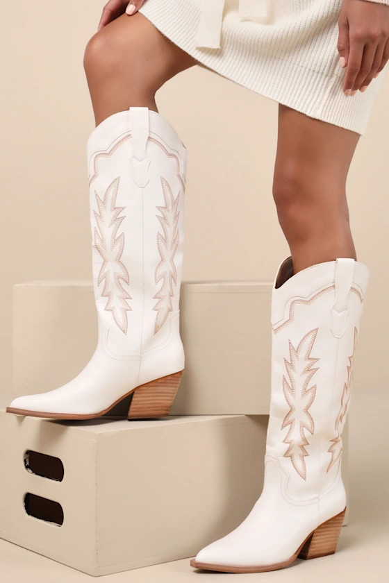 Dedra White Pointed-Toe Knee-High Western Boots | Lulus