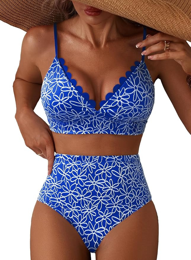 Women's Embroidered Flowers Bikini Sets Scalloped V Neck Swimsuits High Waisted Bathing Suits | Amazon (US)