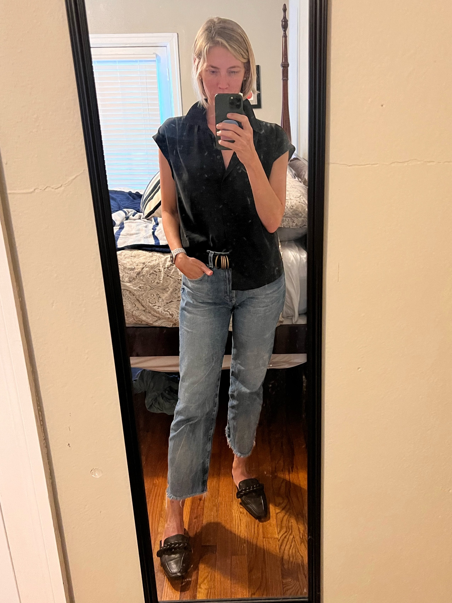 Casual Friday Workwear outfit for business casual settings. What to wear to an office on casual Friday. How to wear denim to the work place. Button down and jeans for the office. 

Top is from Dillards and is a size small. Exact top is linked. 

Jeans are from Nordstrom : brand AG jeans size 29. These are the Saige wide leg crop. Exact pair are linked. 

Slides are from Nordstrom Rack. Brand is Steve Madden. 

Jewelry is from Target. Exact items linked. 

Belt is from Anthropologie. Exact style
Sold out but linked similar options. I am six feet tall and weigh 145. Bra size 36a  

#LTKFindsUnder100 #LTKxNSale #LTKWorkwear