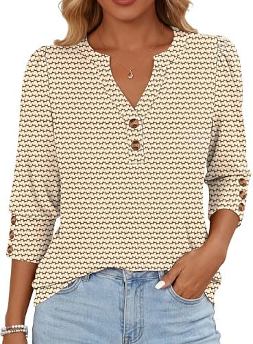 ANRABESS Womens Tops 3/4 Sleeve Casual Henley Shirts V Neck Buttons Dressy Work Business Blouses ... | Amazon (US)