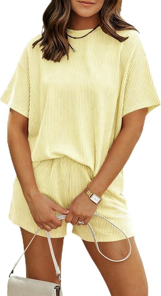 MARZXIN Women 2 Piece Shorts Set 2026 Casual Summer Cruise Outfits Ribbed Loose Short Sleeve Pock... | Amazon (US)