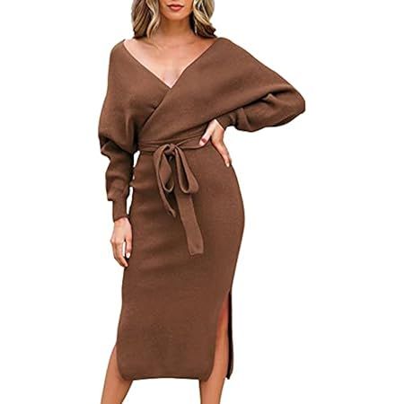 Fixmatti Women's Elegant V Neck Wrap Knit Dresses Batwing Sleeve Backless Slit Maxi Dress with Belte | Amazon (US)