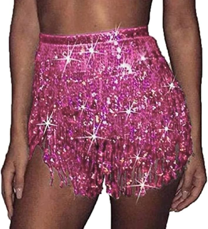 Women's Sequin Tassel Skirts Rave Fringe Hip Scarf for Festival | Amazon (US)