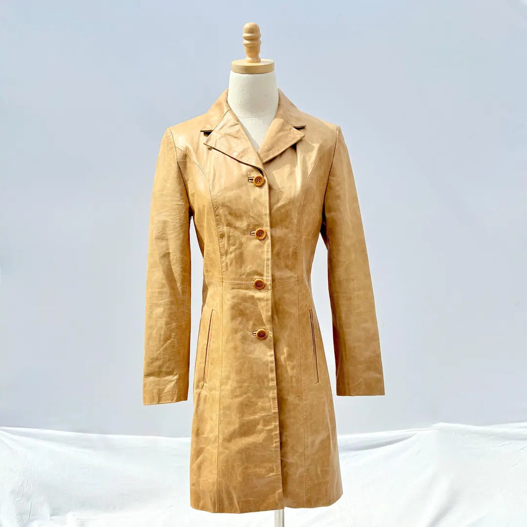 Vintage Y2K Italian Leather Caramel Tan Trench Coat XS - Etsy | Etsy (US)