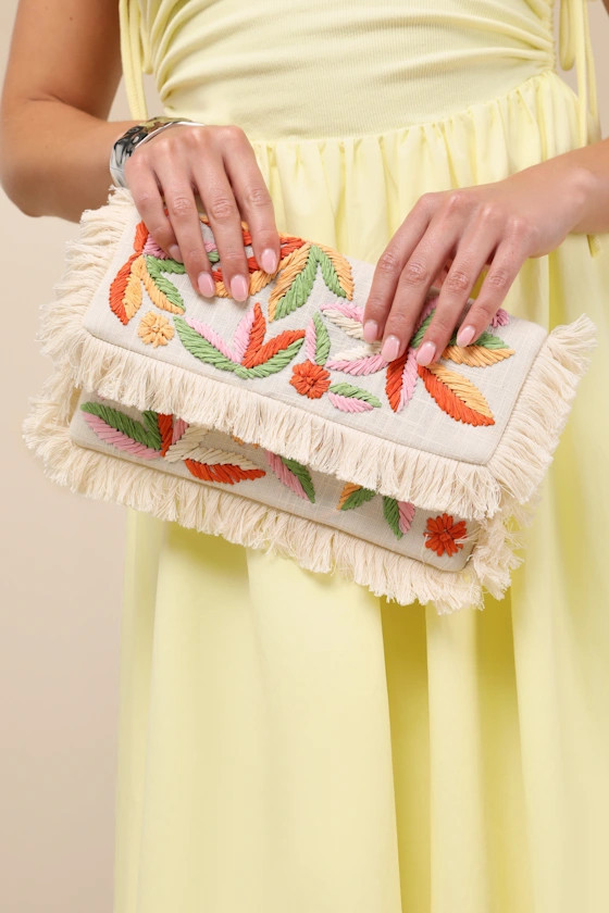 Bizenta Cream Floral Embroidered Fringe Clutch | Lulus