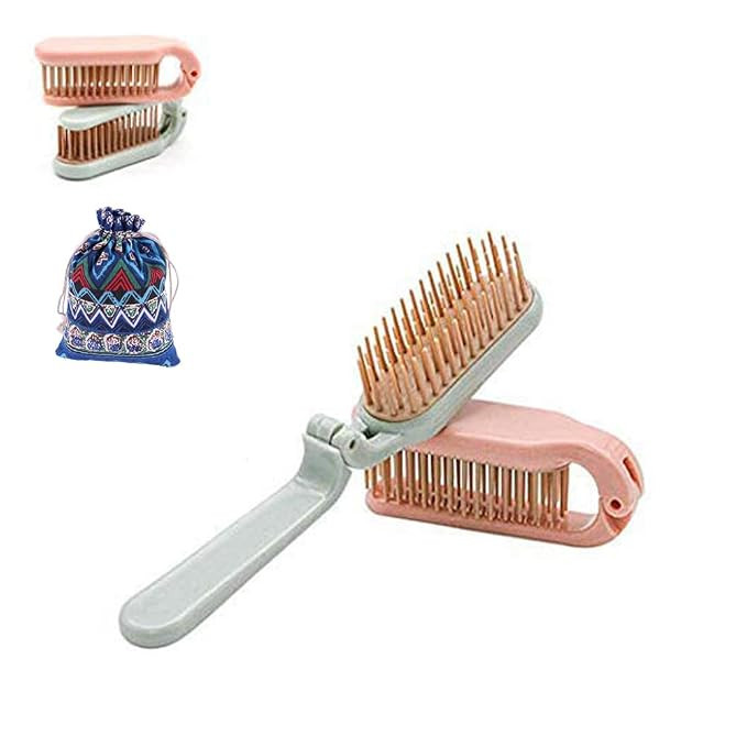 2 Pack Folding Hair Combs Hair Brush Compact Pocket Size Travel Purse Locker, Blue & Pink | Amazon (US)